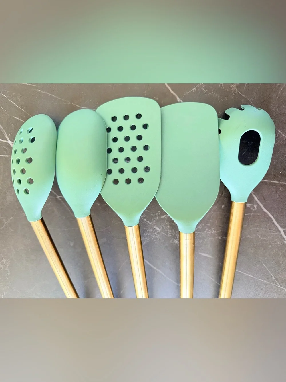 Cooking Utensils Green silicone w “brass” VGC
